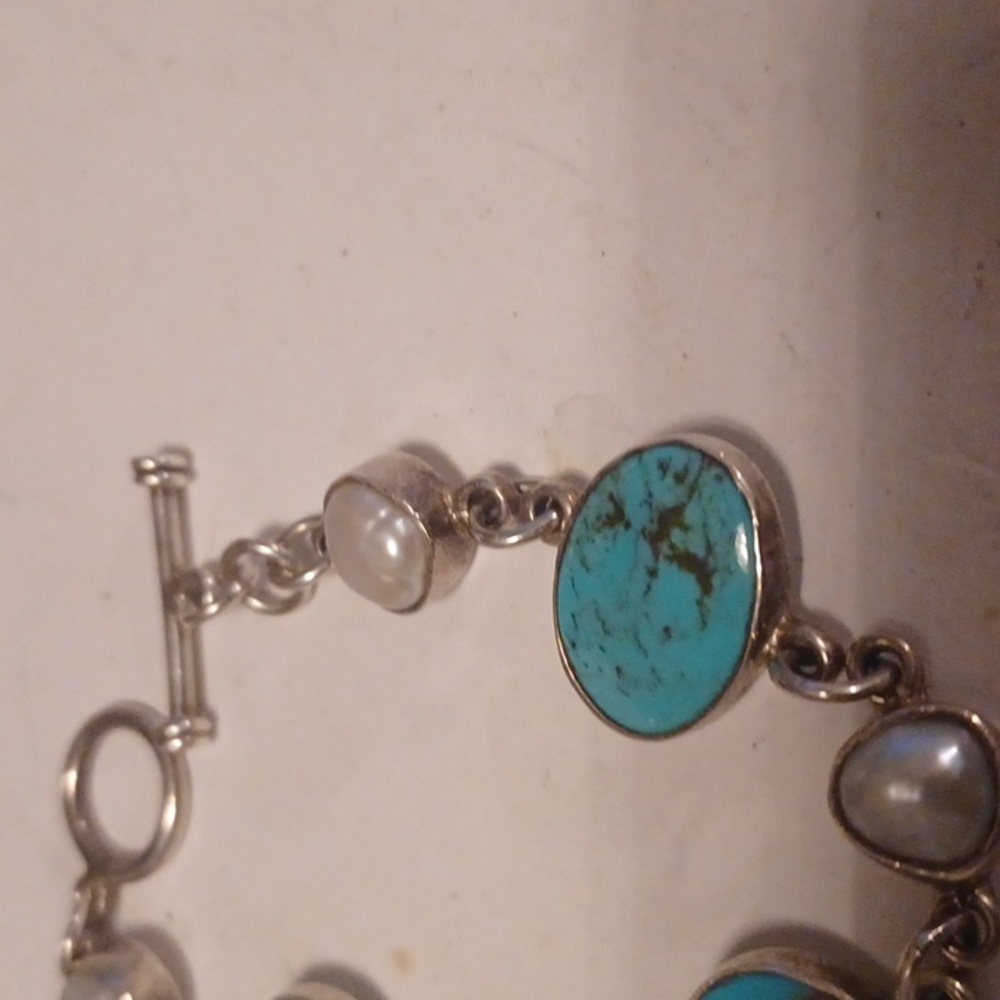 GENUINE TURQUOISE STERLING SILVER, MARKED 925 REAL PEARLS BRACELET NWOT - Picture 3 of 4